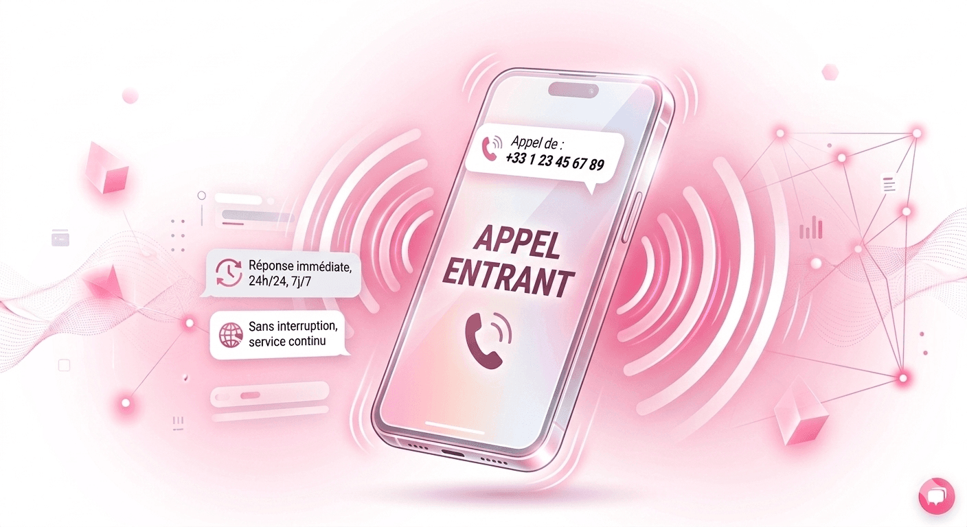 Smartphone receiving an incoming call, surrounded by pink signal waves and 24/7 service icons.